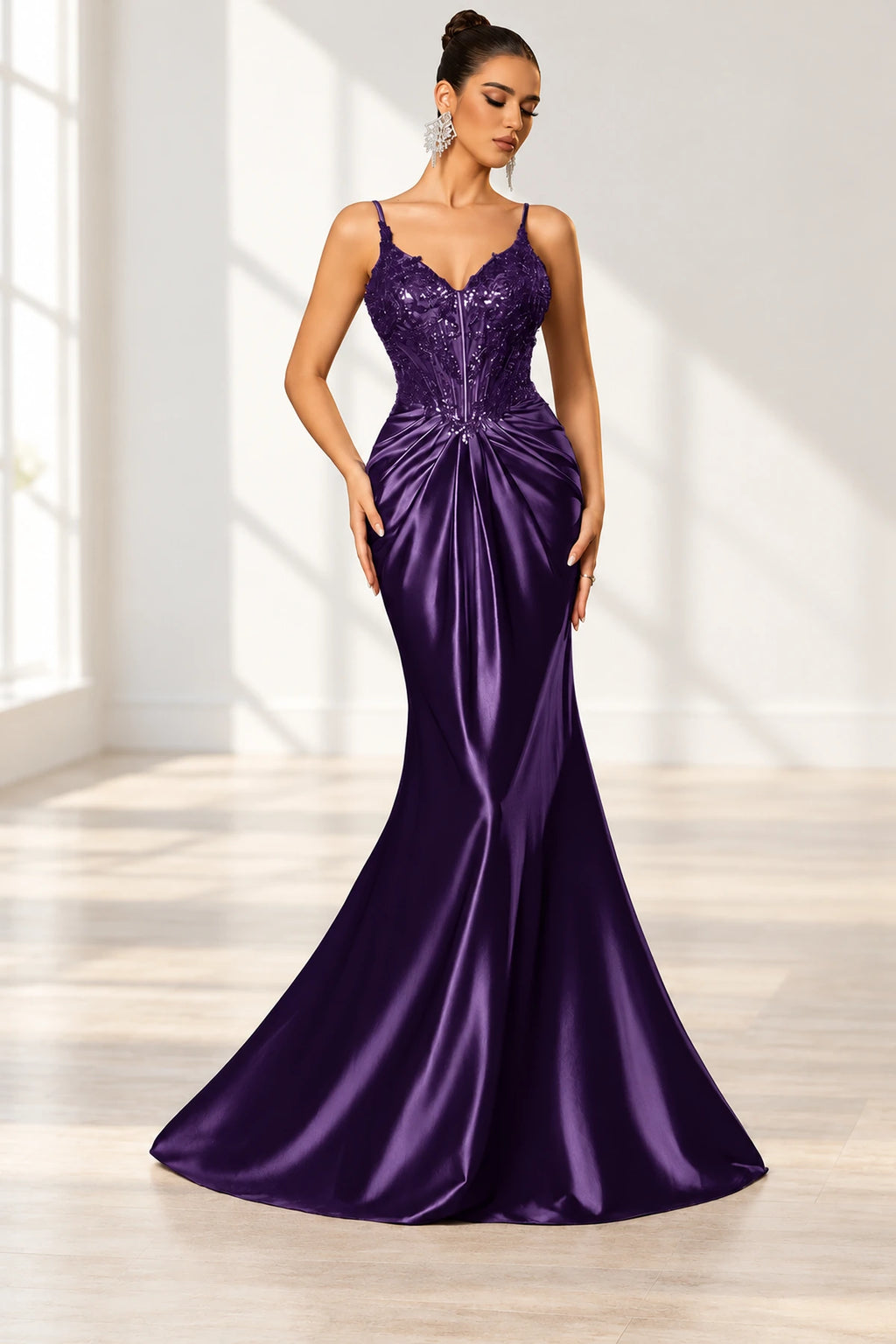 Elegant Satin Mermaid V-Neck Spaghetti Strap Lace-Up Back Prom Dress