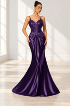 Elegant Satin Mermaid V-Neck Spaghetti Strap Lace-Up Back Prom Dress