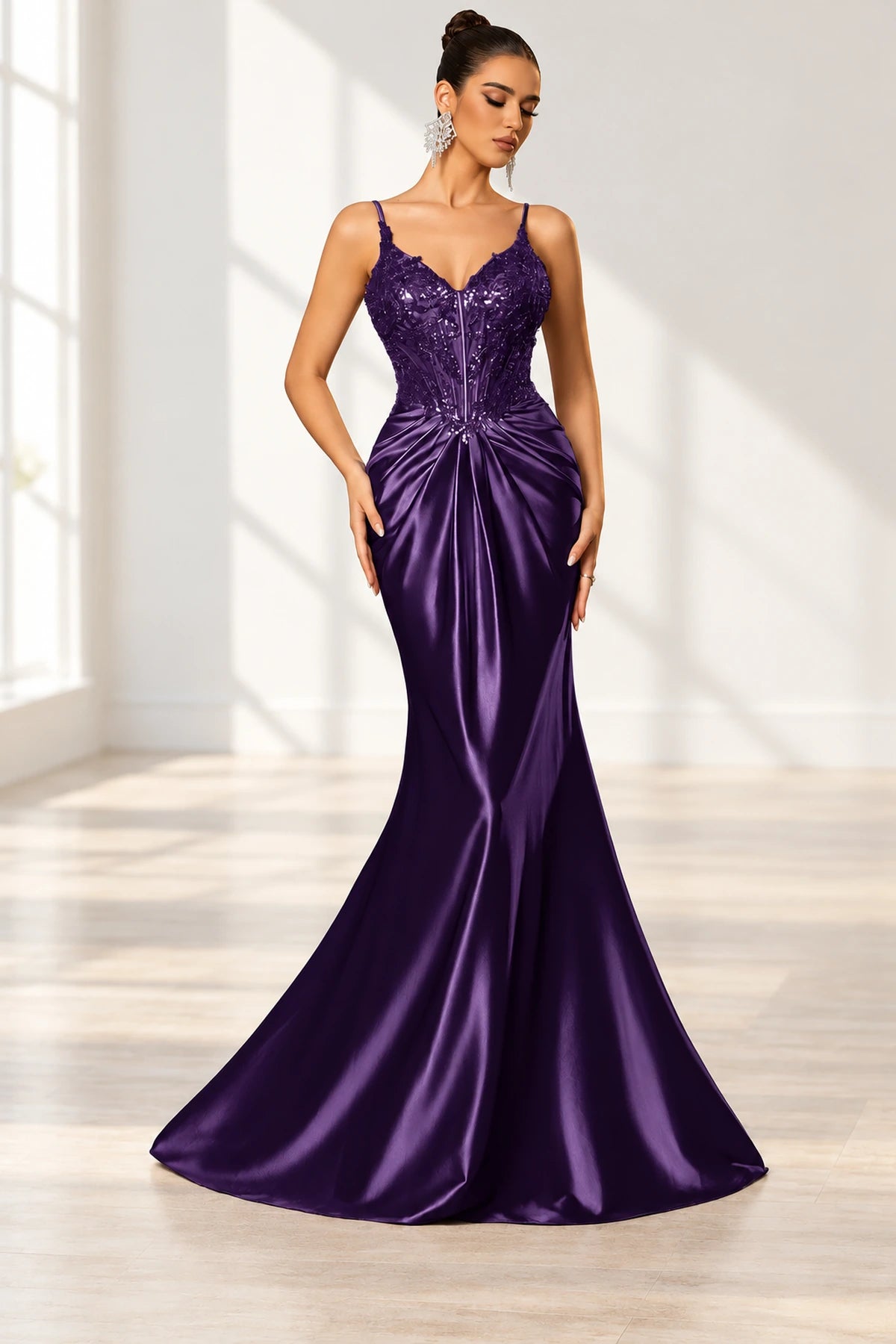 Elegant Satin Mermaid V-Neck Spaghetti Strap Lace-Up Back Prom Dress