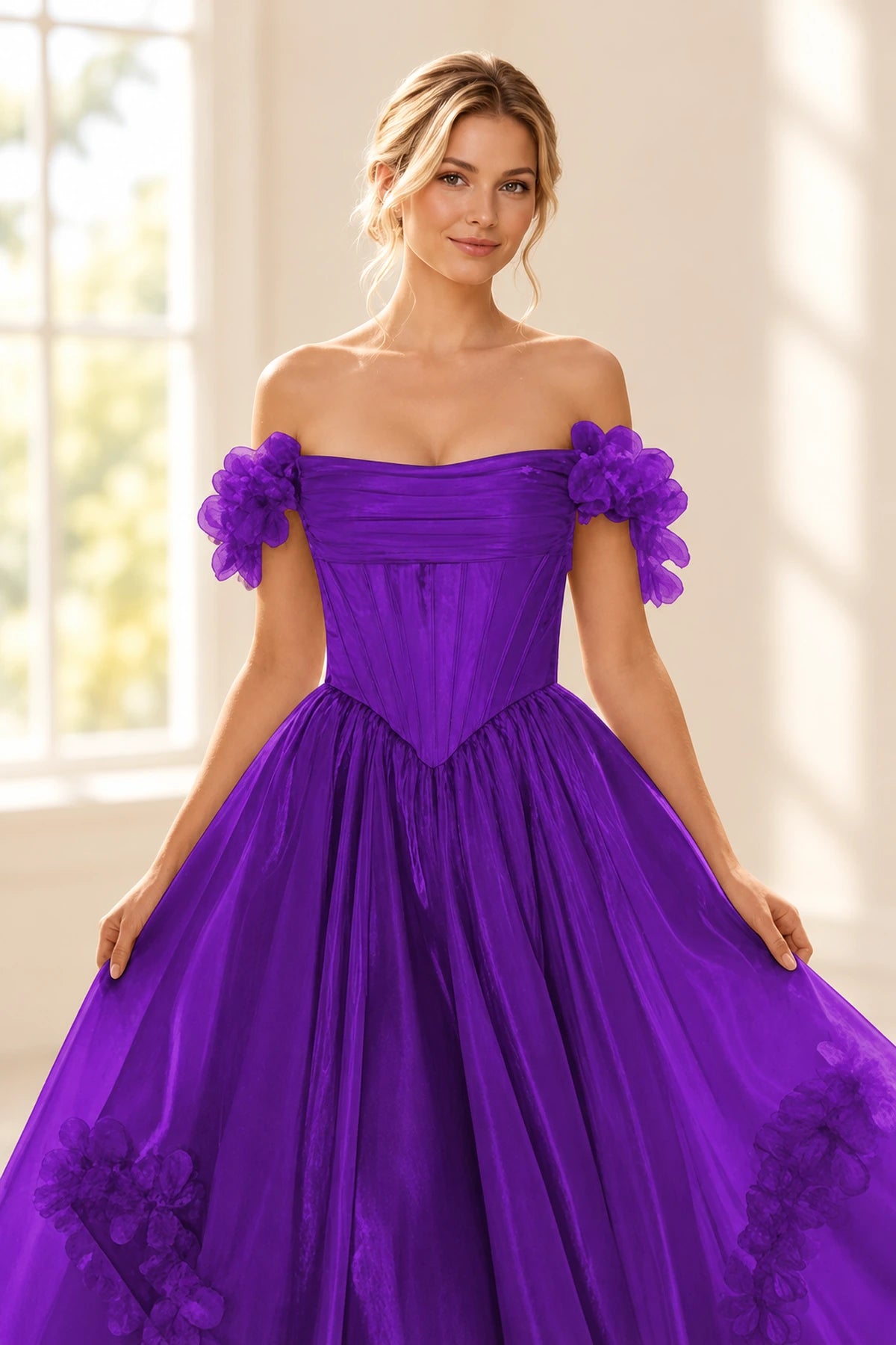 Romantic A Line Off Shoulder Lace Up Floor Length Prom Dress