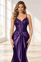 Elegant Satin Mermaid V-Neck Spaghetti Strap Lace-Up Back Prom Dress