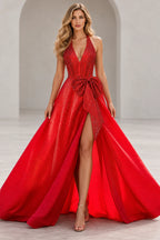 Regal A Line Halter Sleeveless Lace Up Floor Length Prom Dress