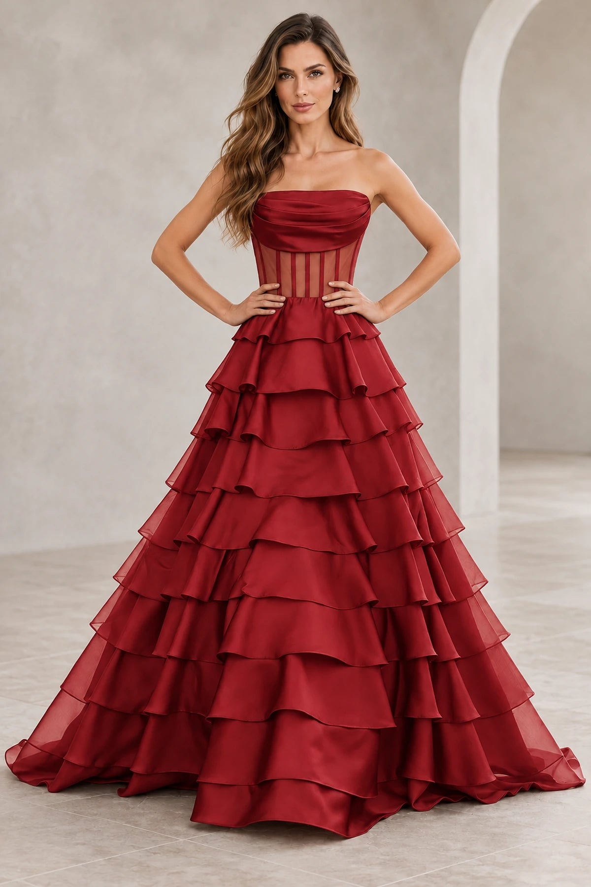 Dreamy A Line Strapless Straight Neck Lace Up Long Prom Dress