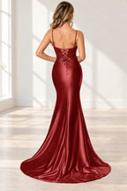 Elegant Satin Mermaid V-Neck Spaghetti Strap Lace-Up Back Prom Dress