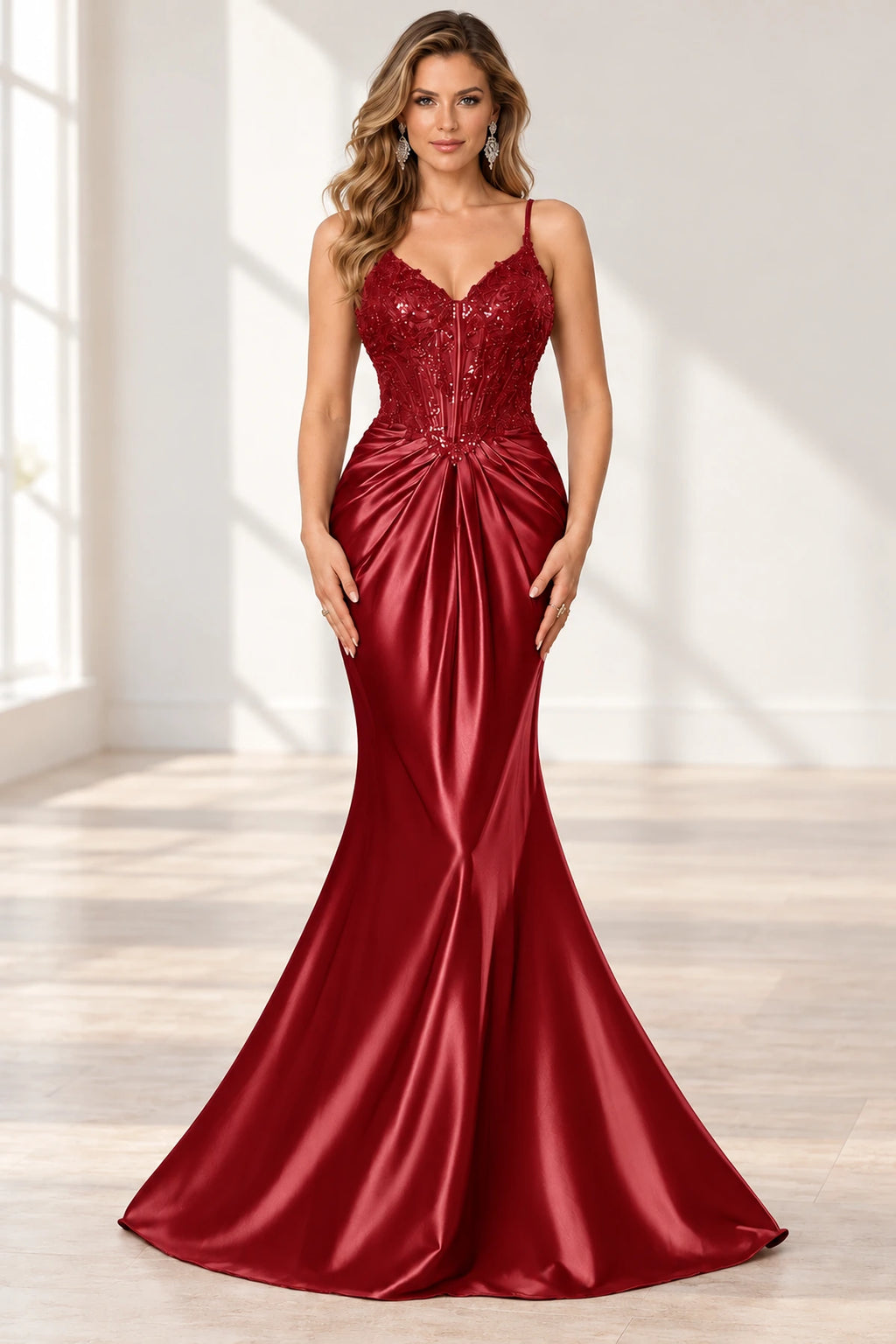 Elegant Satin Mermaid V-Neck Spaghetti Strap Lace-Up Back Prom Dress