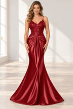 Elegant Satin Mermaid V-Neck Spaghetti Strap Lace-Up Back Prom Dress