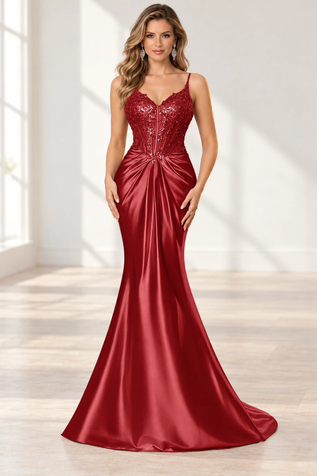 Elegant Satin Mermaid V-Neck Spaghetti Strap Lace-Up Back Prom Dress