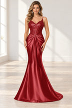 Elegant Satin Mermaid V-Neck Spaghetti Strap Lace-Up Back Prom Dress