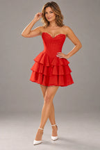 Romantic Fit and Flare Sweetheart Strapless Lace-Up Back Mini Homecoming Dress