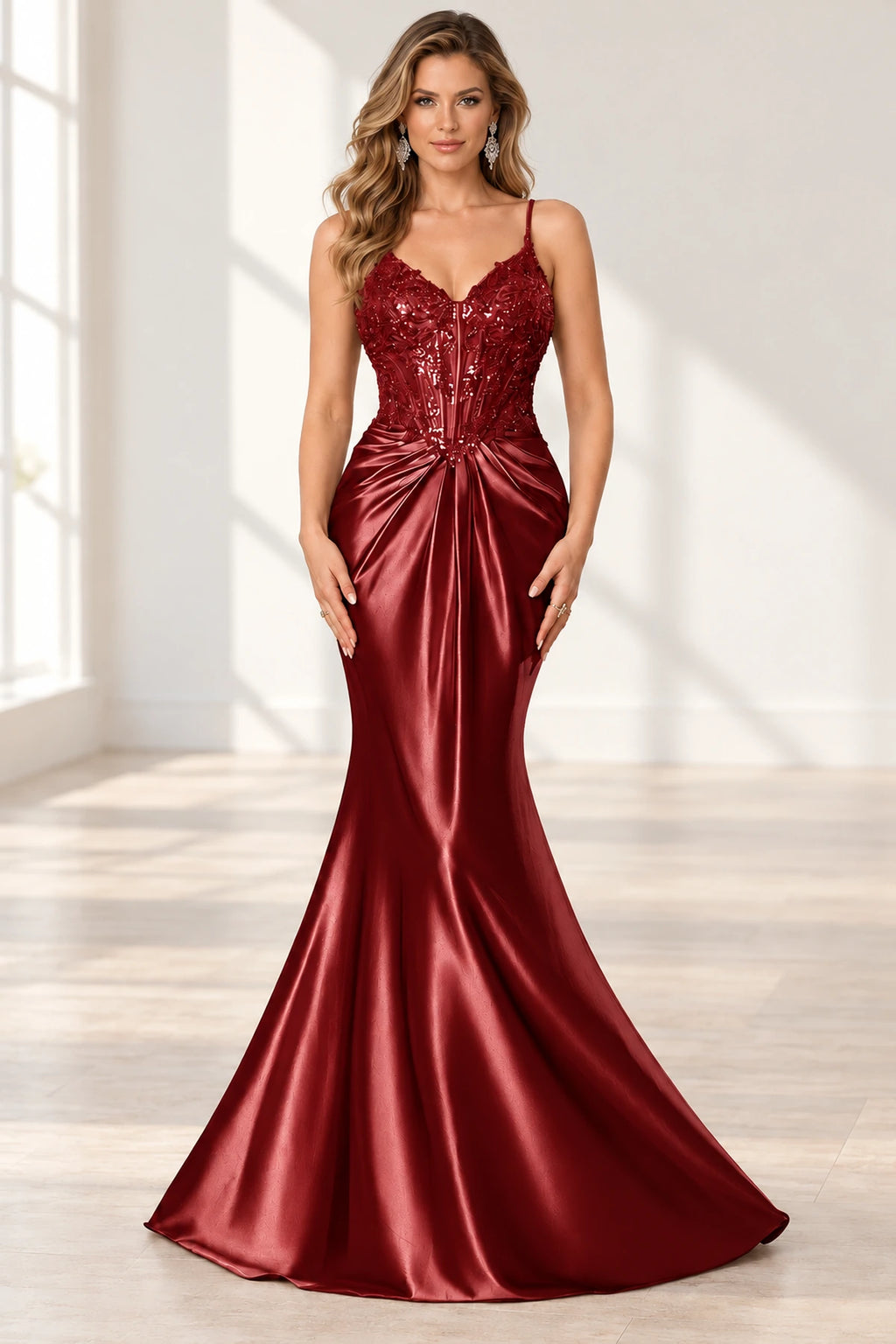 Elegant Satin Mermaid V-Neck Spaghetti Strap Lace-Up Back Prom Dress