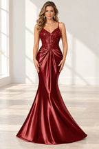 Elegant Satin Mermaid V-Neck Spaghetti Strap Lace-Up Back Prom Dress