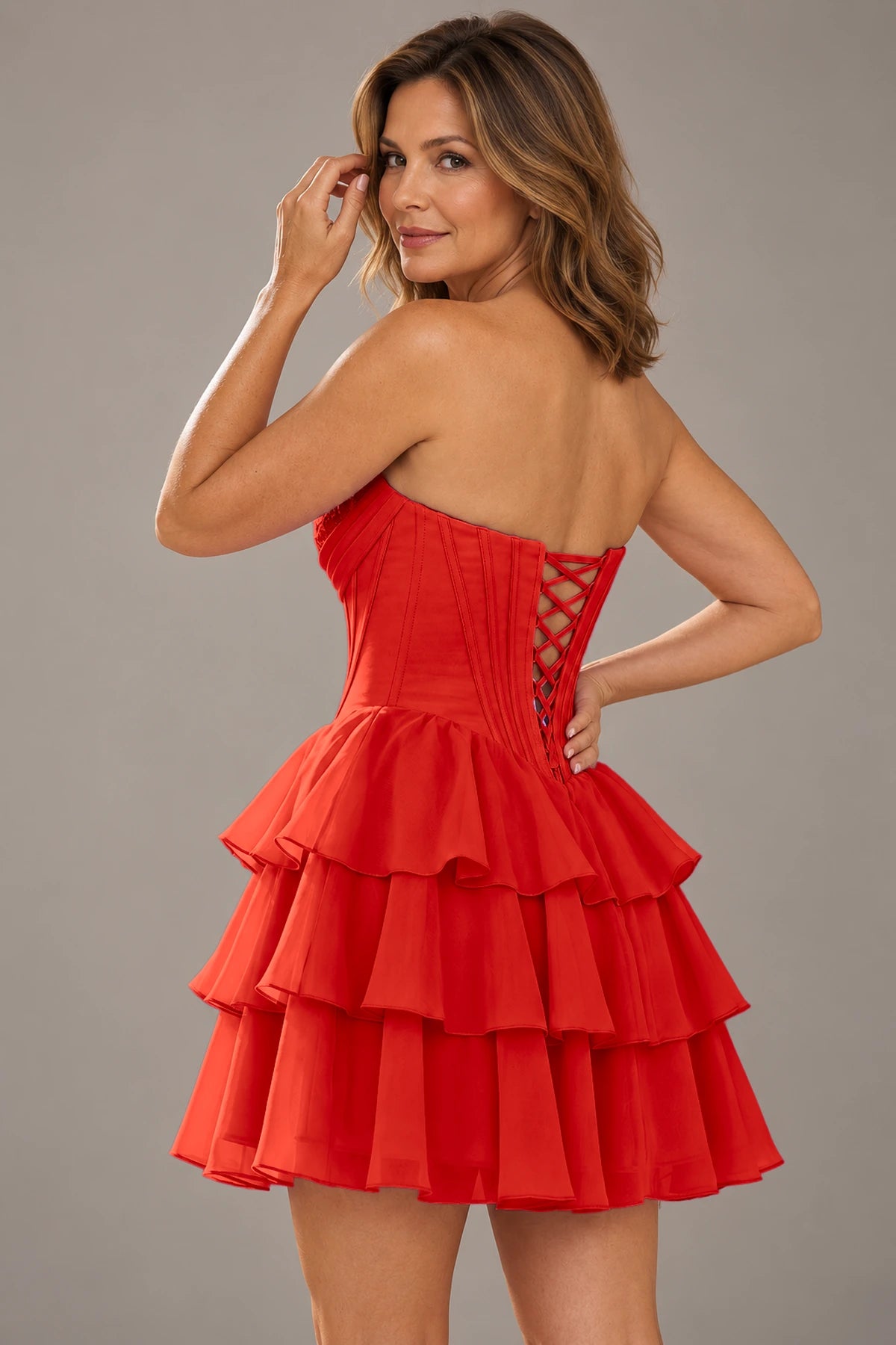 Romantic Fit and Flare Sweetheart Strapless Lace-Up Back Mini Homecoming Dress