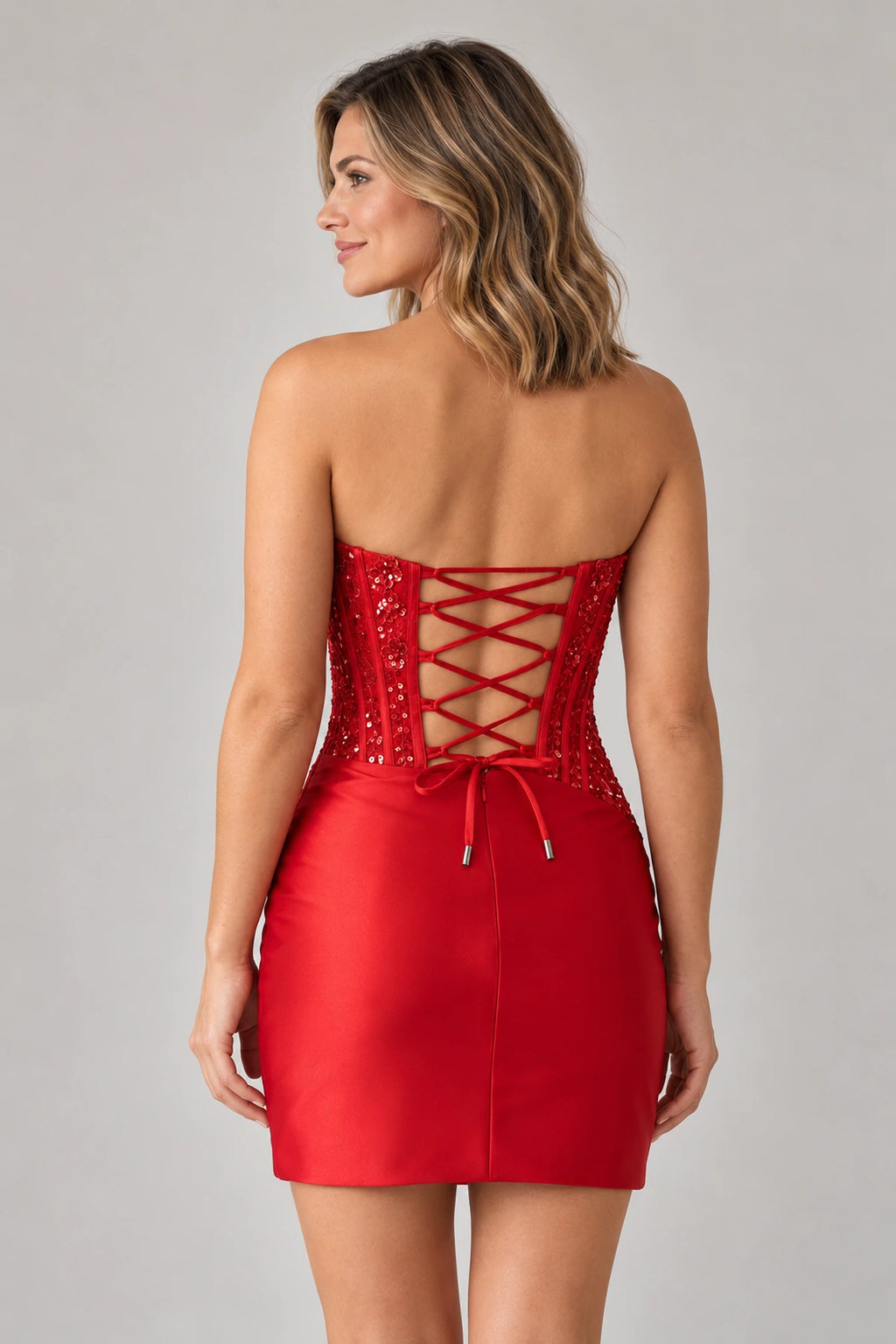 Elegant Sheath Straight Neck Strapless Lace-Up Back Mini Homecoming Dress