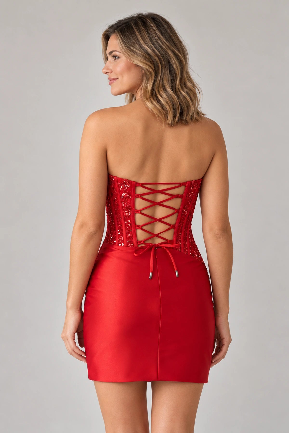 Elegant Sheath Straight Neck Strapless Lace-Up Back Mini Homecoming Dress