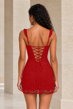 Romantic Sheath Sweetheart Lace Strap Lace-Up Back Mini Homecoming Dress
