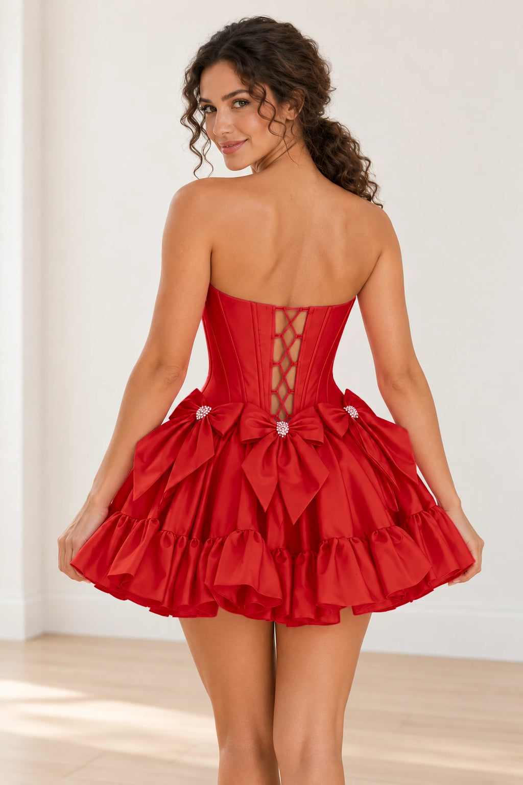 Playful Fit and Flare Sweetheart Strapless Lace-Up Back Mini Homecoming Dress