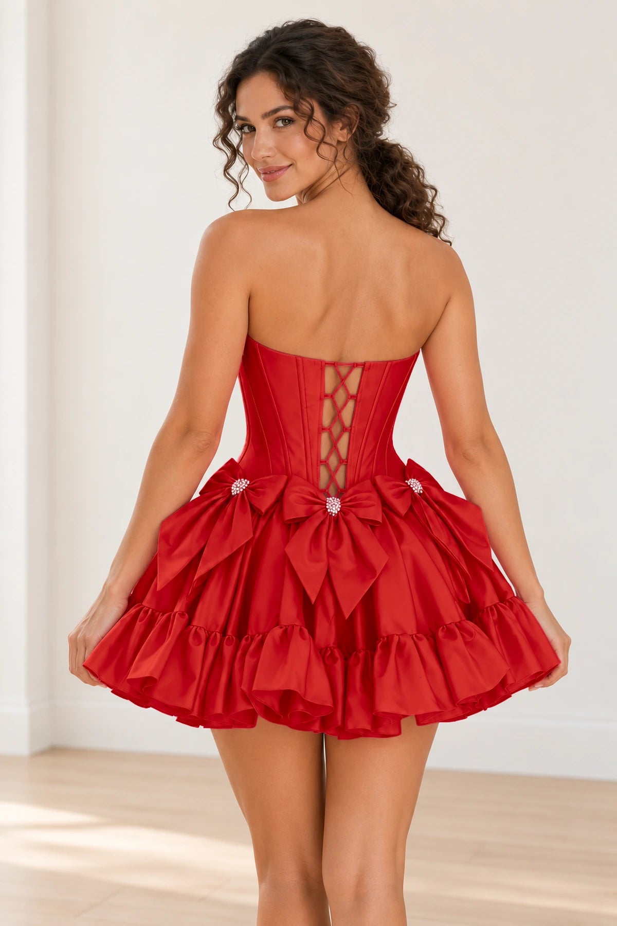 Playful Fit and Flare Sweetheart Strapless Lace-Up Back Mini Homecoming Dress