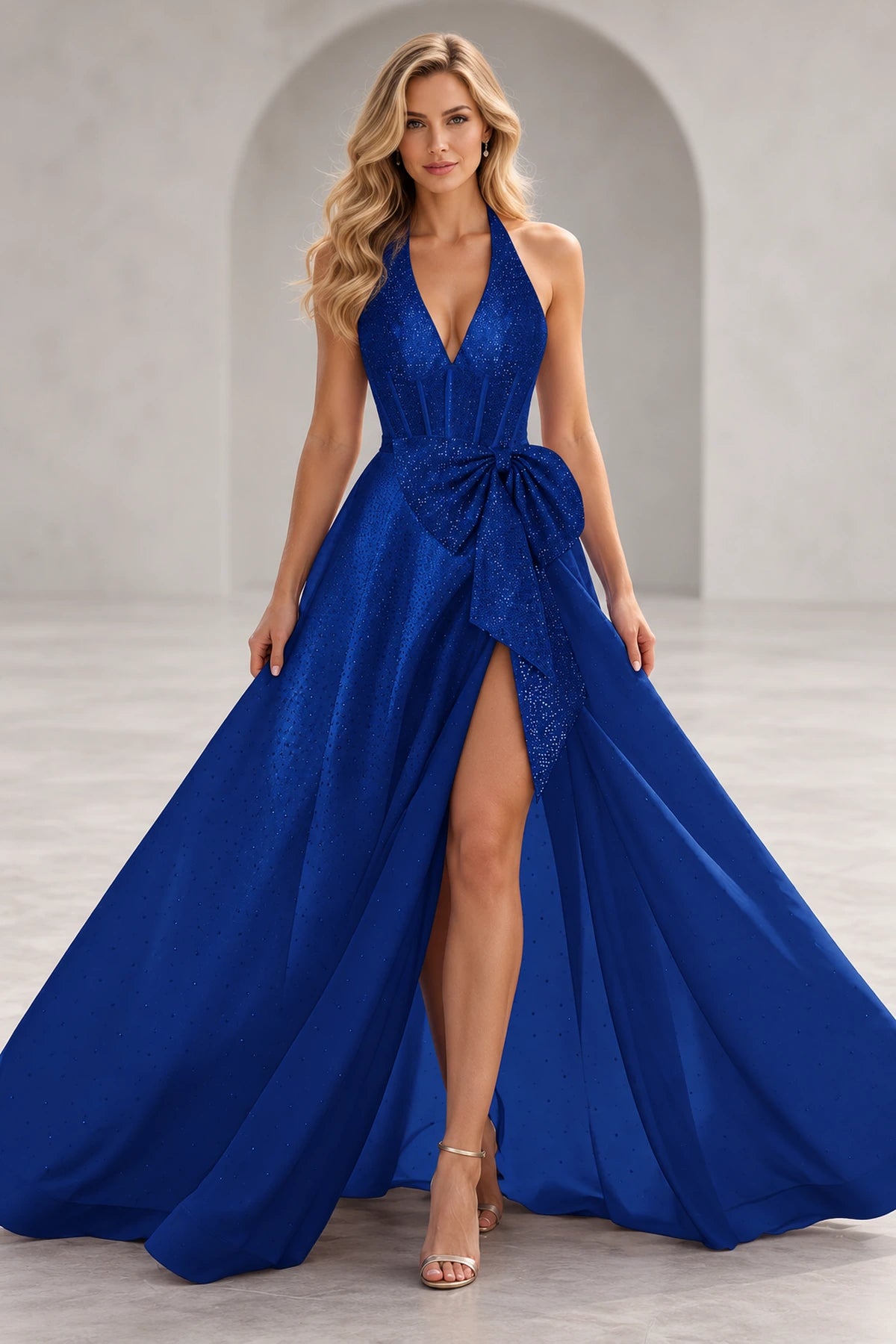 Regal A Line Halter Sleeveless Lace Up Floor Length Prom Dress