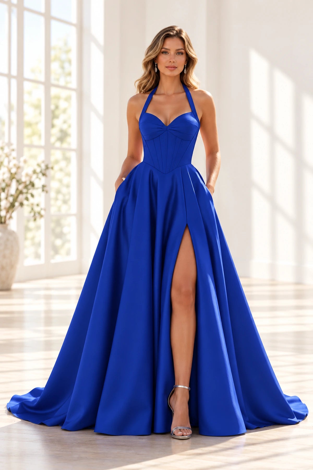 Elegant Satin A-Line Halter Sweetheart Sleeveless Lace-Up Back Long Prom Dress