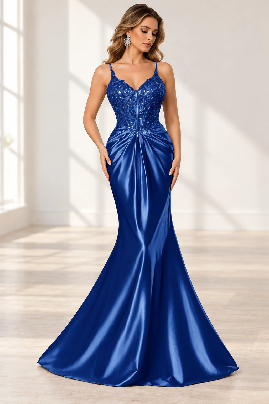 Elegant Satin Mermaid V-Neck Spaghetti Strap Lace-Up Back Prom Dress