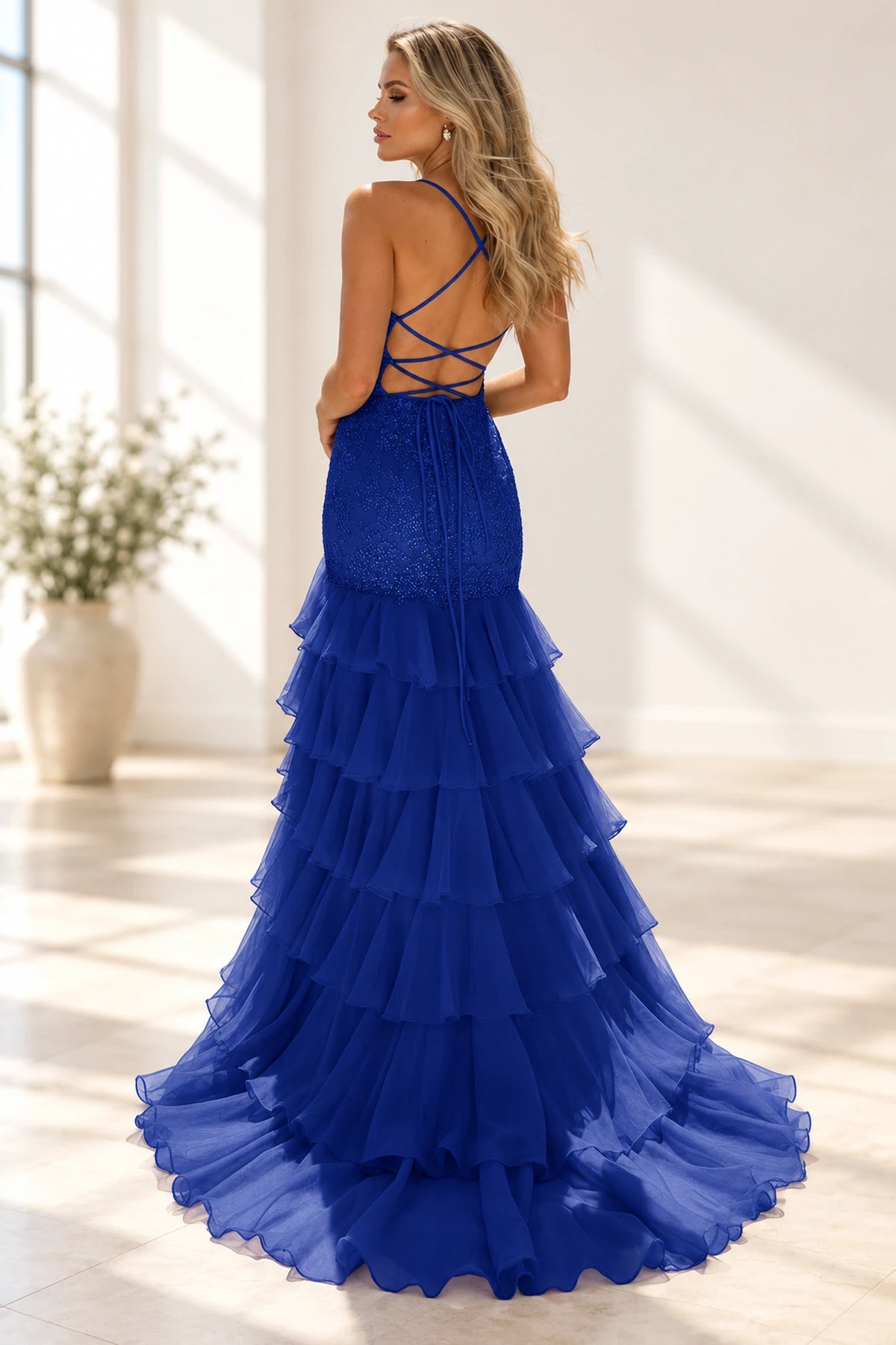 Romantic Mermaid V Neck Sleeveless Lace Up Floor Length Prom Dress
