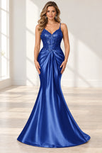 Elegant Satin Mermaid V-Neck Spaghetti Strap Lace-Up Back Prom Dress