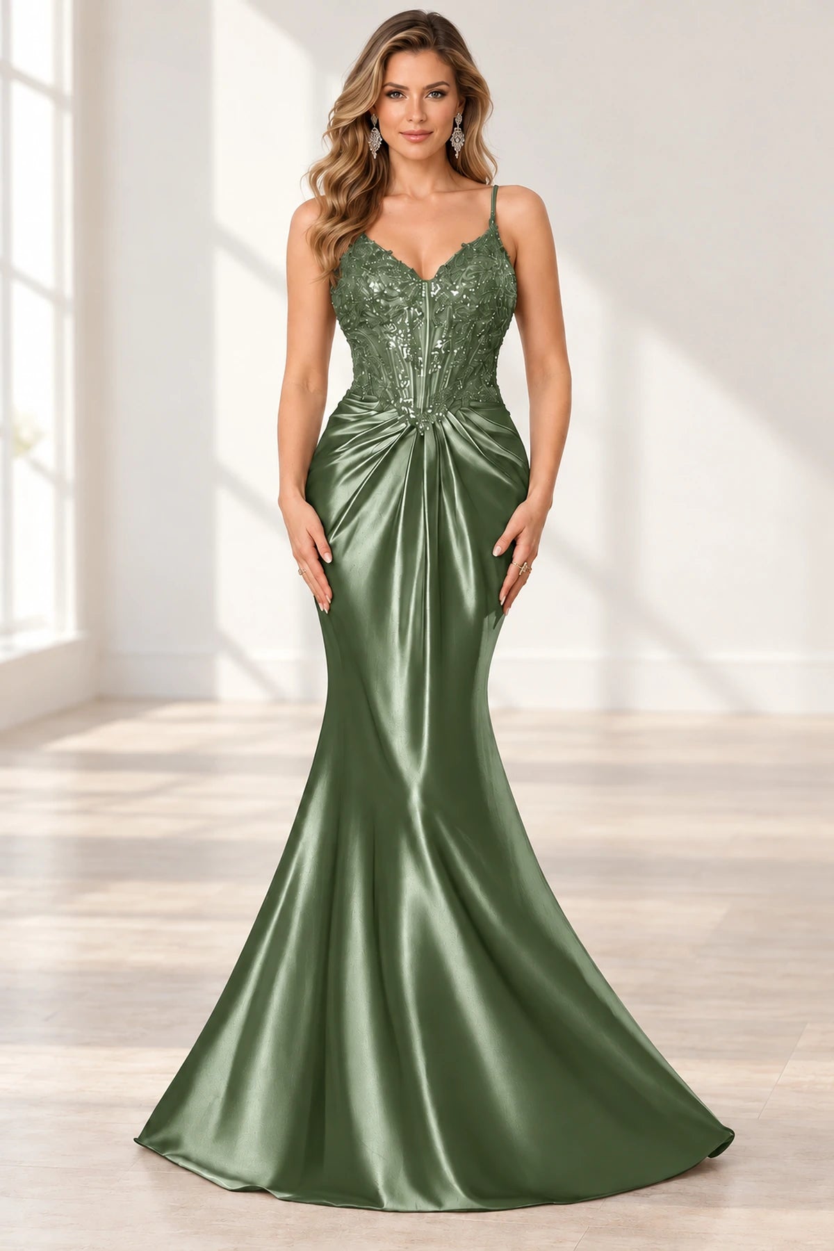 Elegant Satin Mermaid V-Neck Spaghetti Strap Lace-Up Back Prom Dress