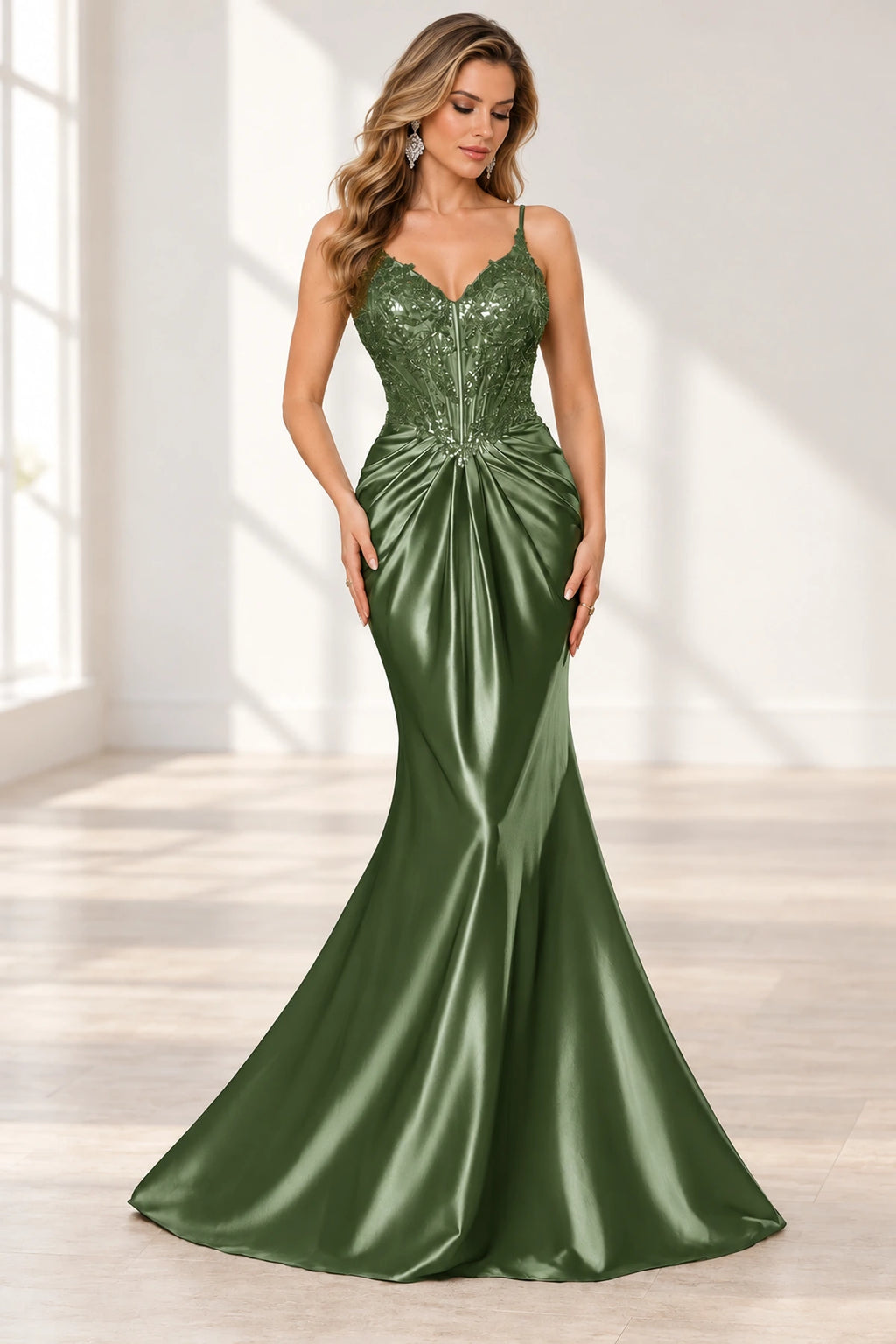 Elegant Satin Mermaid V-Neck Spaghetti Strap Lace-Up Back Prom Dress