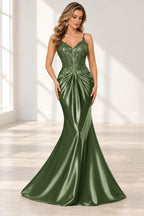 Elegant Satin Mermaid V-Neck Spaghetti Strap Lace-Up Back Prom Dress