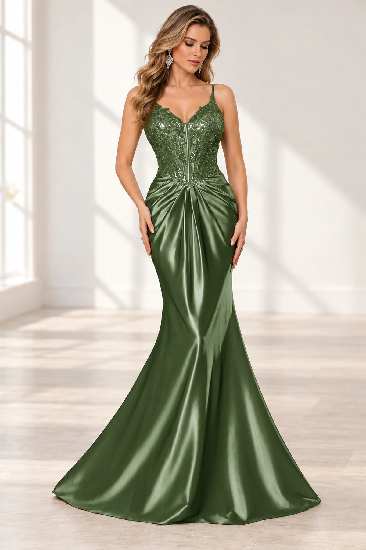 Elegant Satin Mermaid V-Neck Spaghetti Strap Lace-Up Back Prom Dress