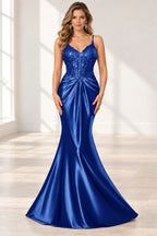 Elegant Satin Mermaid V-Neck Spaghetti Strap Lace-Up Back Prom Dress