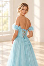 Romantic A Line Off Shoulder Lace Up Floor Length Prom Dress