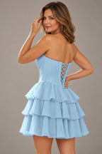 Romantic Fit and Flare Sweetheart Strapless Lace-Up Back Mini Homecoming Dress