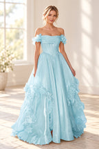 Romantic A Line Off Shoulder Lace Up Floor Length Prom Dress