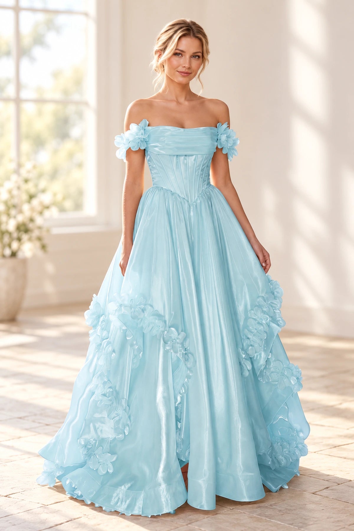 Romantic A Line Off Shoulder Lace Up Floor Length Prom Dress