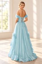 Romantic A Line Off Shoulder Lace Up Floor Length Prom Dress
