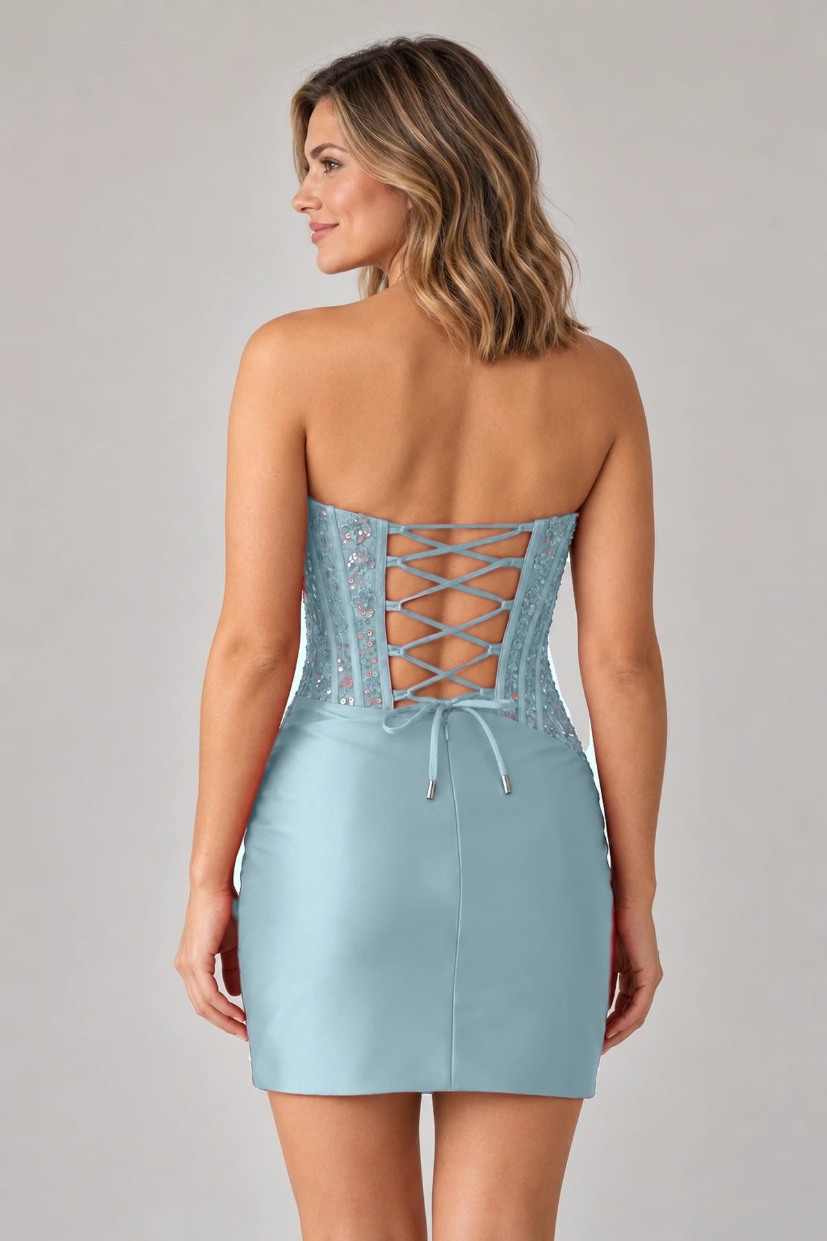 Elegant Sheath Straight Neck Strapless Lace-Up Back Mini Homecoming Dress