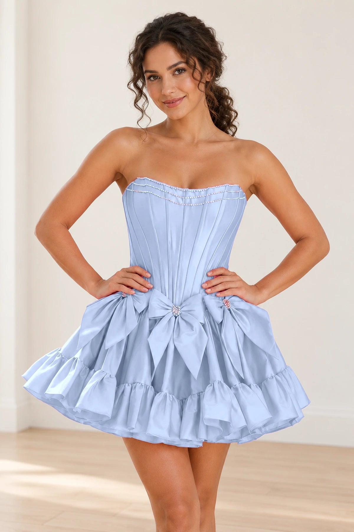 Playful Fit and Flare Sweetheart Strapless Lace-Up Back Mini Homecoming Dress