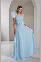 Sky blue one shoulder chiffon A‑line long bridesmaid dress with floral ruffle Vedress