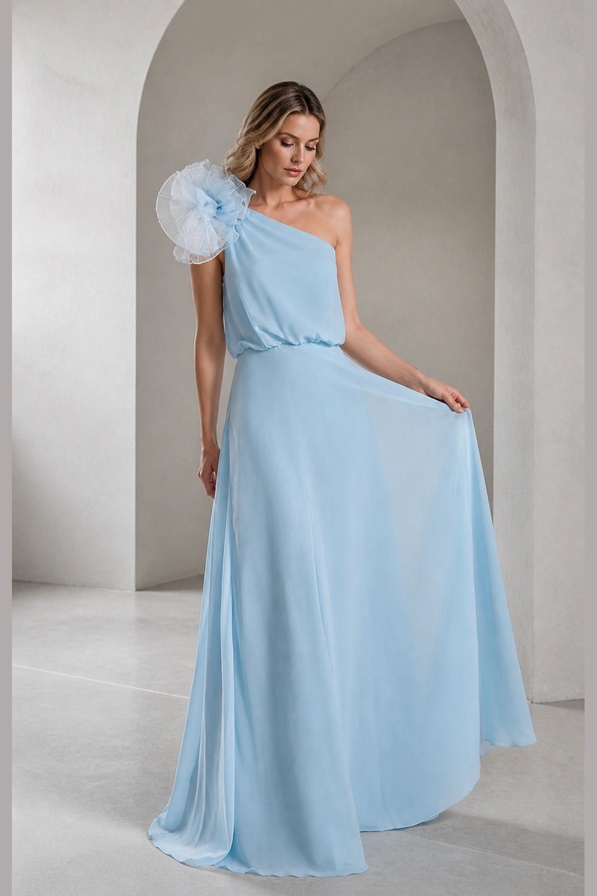 Sky blue one shoulder chiffon A‑line long bridesmaid dress with floral ruffle Vedress