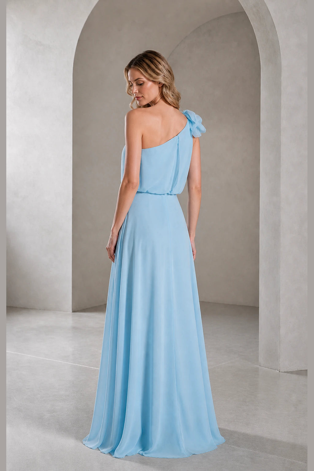 Back view sky‑blue one‑shoulder flowy floor‑length bridesmaid gown Vedress