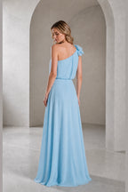 Back view sky‑blue one‑shoulder flowy floor‑length bridesmaid gown Vedress