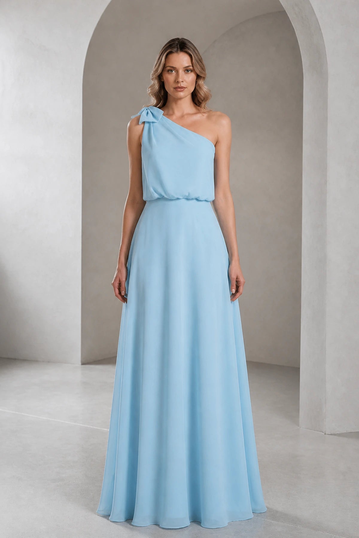 Sky Blue A‑Line One‑Shoulder Sleeveless Open‑Back Long Bridesmaid Dress
