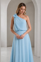 Sky Blue A‑Line One‑Shoulder Sleeveless Open‑Back Long Bridesmaid Dress