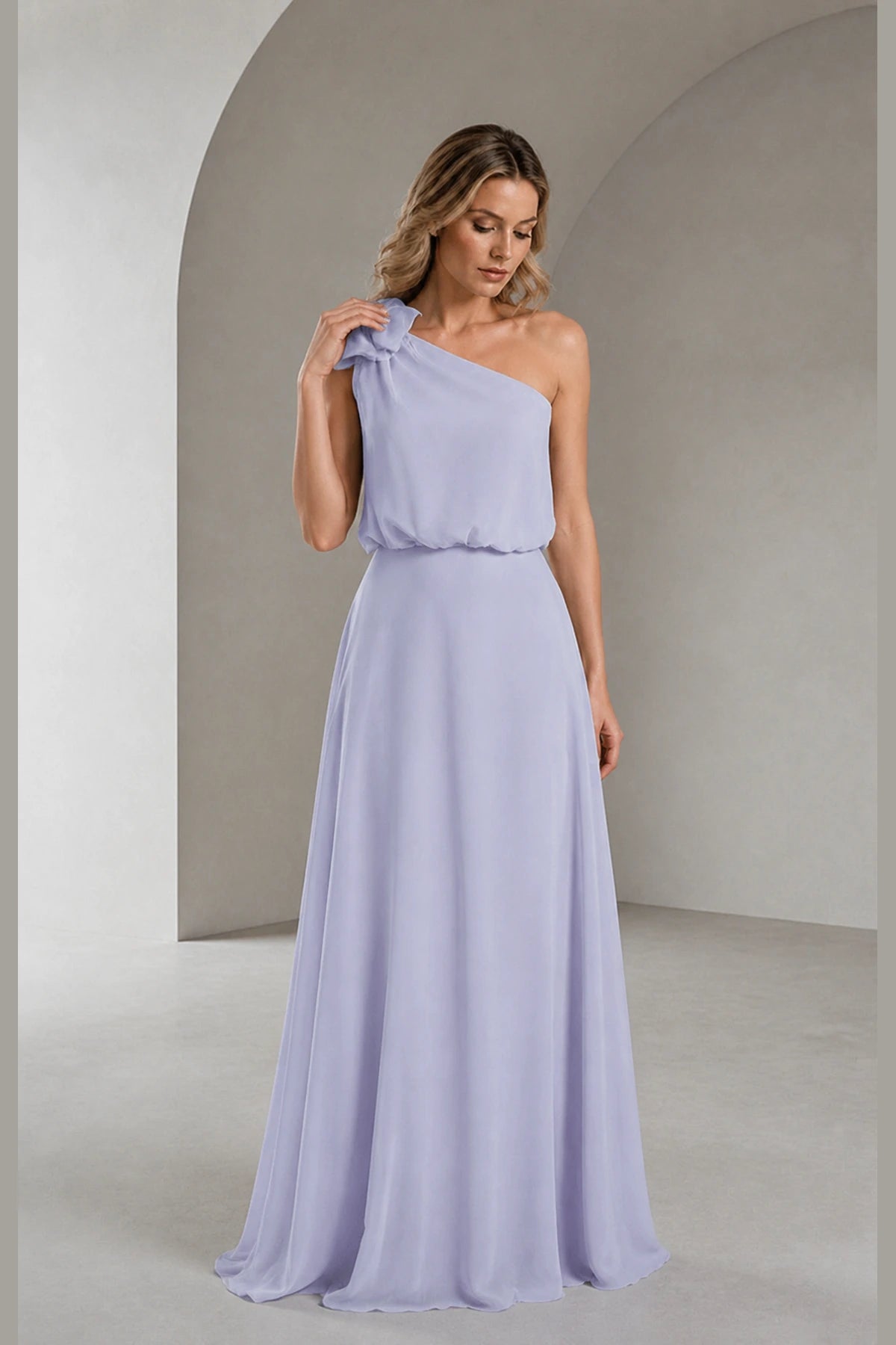 Sky Blue A‑Line One‑Shoulder Sleeveless Open‑Back Long Bridesmaid Dress