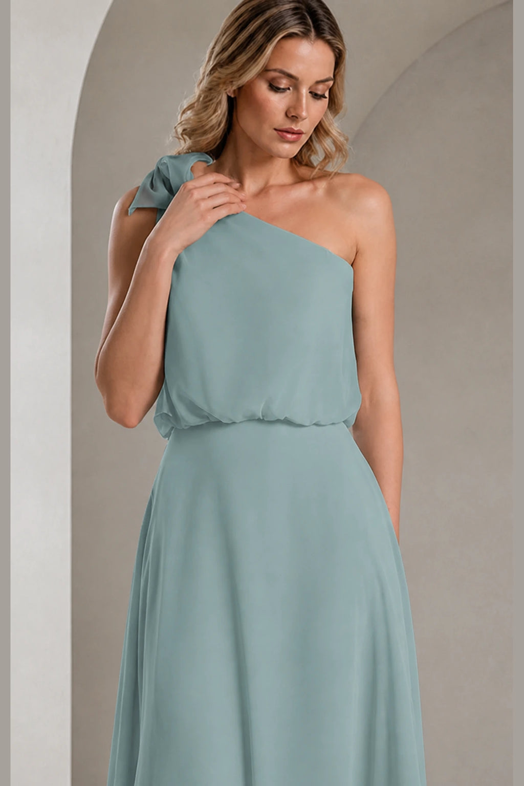 Sky Blue A‑Line One‑Shoulder Sleeveless Open‑Back Long Bridesmaid Dress