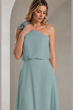 Sky Blue A‑Line One‑Shoulder Sleeveless Open‑Back Long Bridesmaid Dress