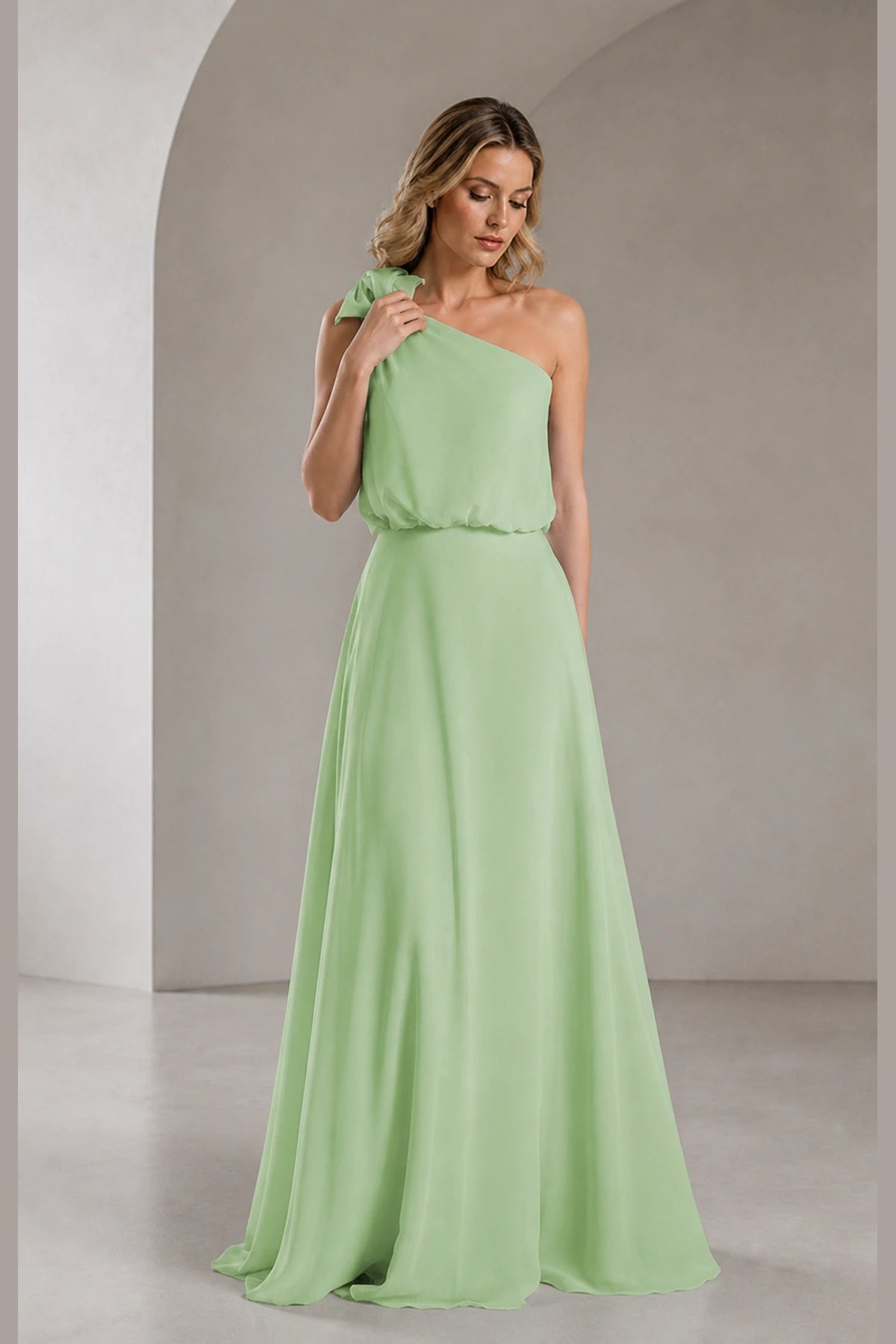 Sky Blue A‑Line One‑Shoulder Sleeveless Open‑Back Long Bridesmaid Dress