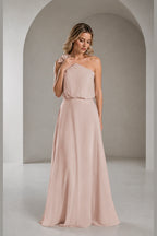 Sky Blue A‑Line One‑Shoulder Sleeveless Open‑Back Long Bridesmaid Dress