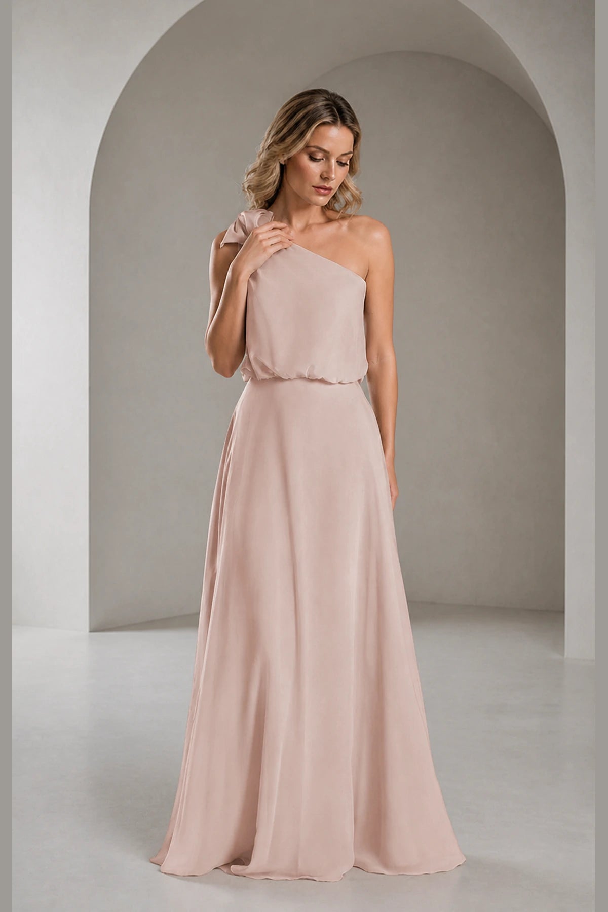 Sky Blue A‑Line One‑Shoulder Sleeveless Open‑Back Long Bridesmaid Dress